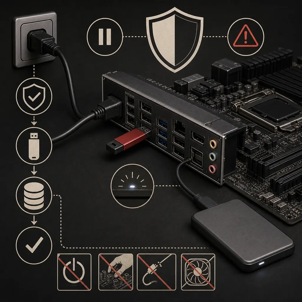 Editorial illustration of stable power, USB media, backup storage and a motherboard recovery boundary