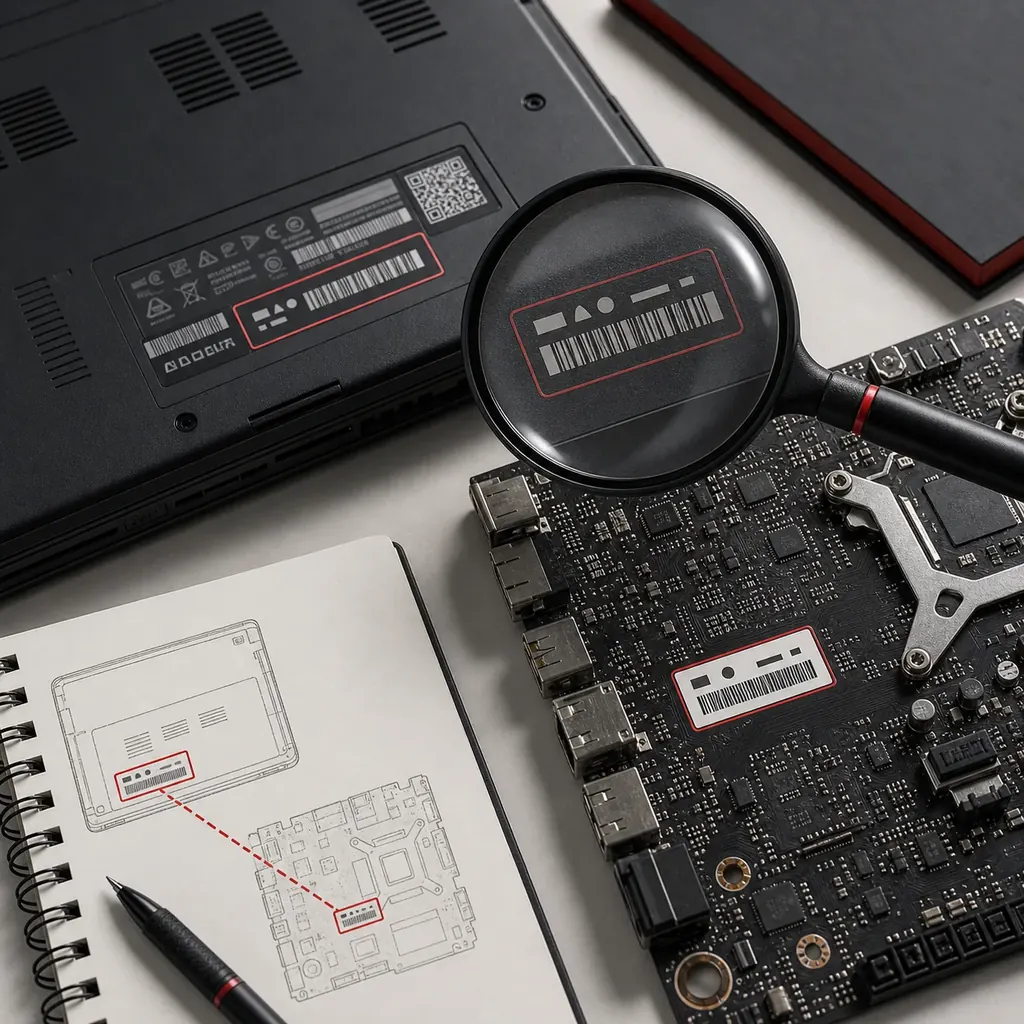 Editorial illustration of checking matching laptop and motherboard model identifiers before downloading BIOS firmware