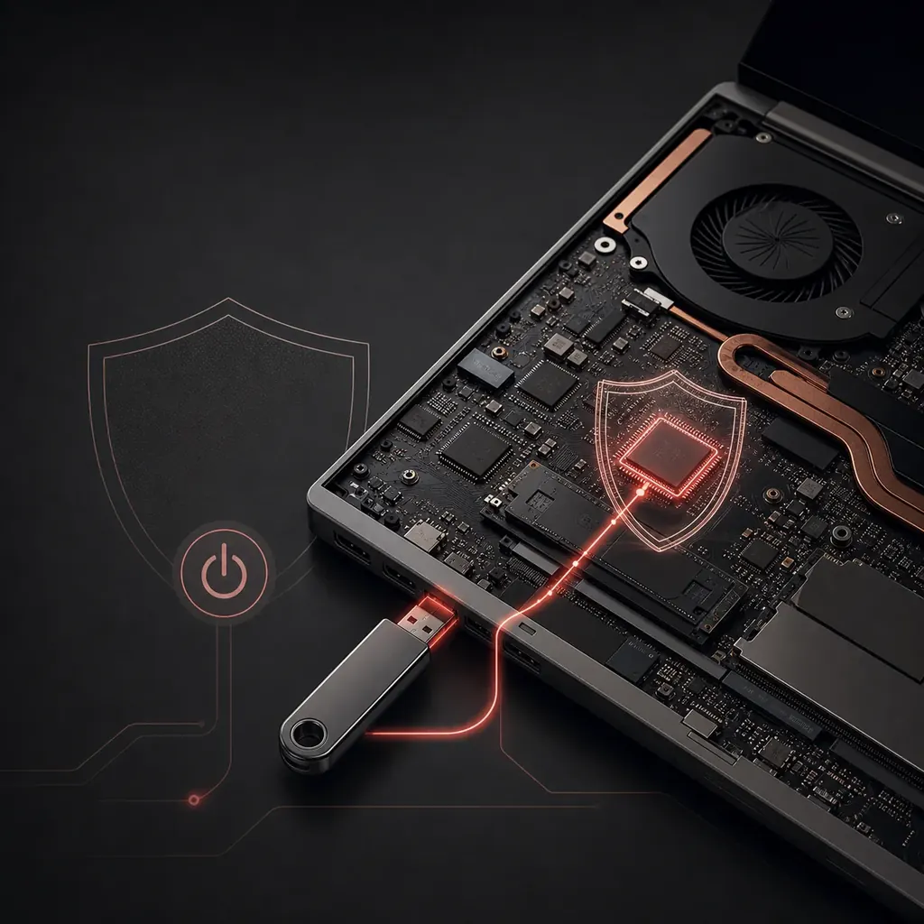 Editorial illustration of an ASUS-themed laptop motherboard, USB drive and shield representing a model-specific BIOS update