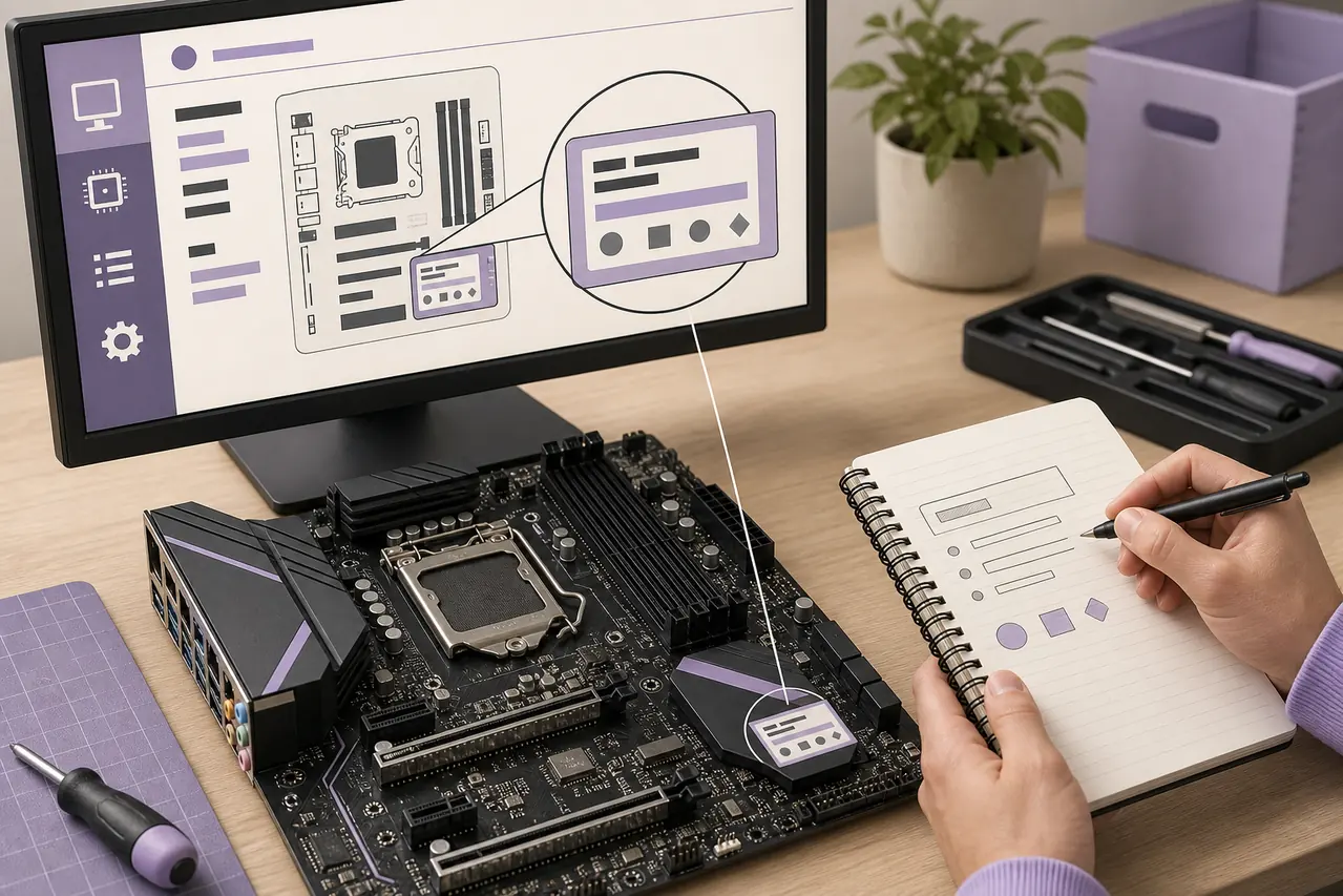 Editorial illustration of checking a motherboard model and BIOS version before updating