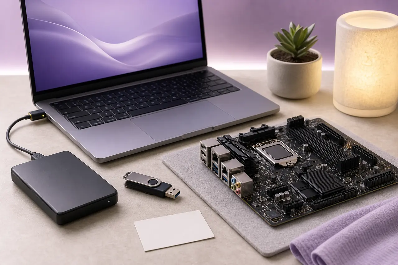 Editorial illustration of preparing power, backup storage and USB media for a BIOS update