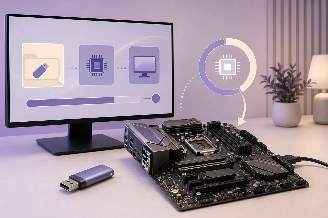Editorial illustration of a motherboard, USB drive and abstract BIOS update workflow