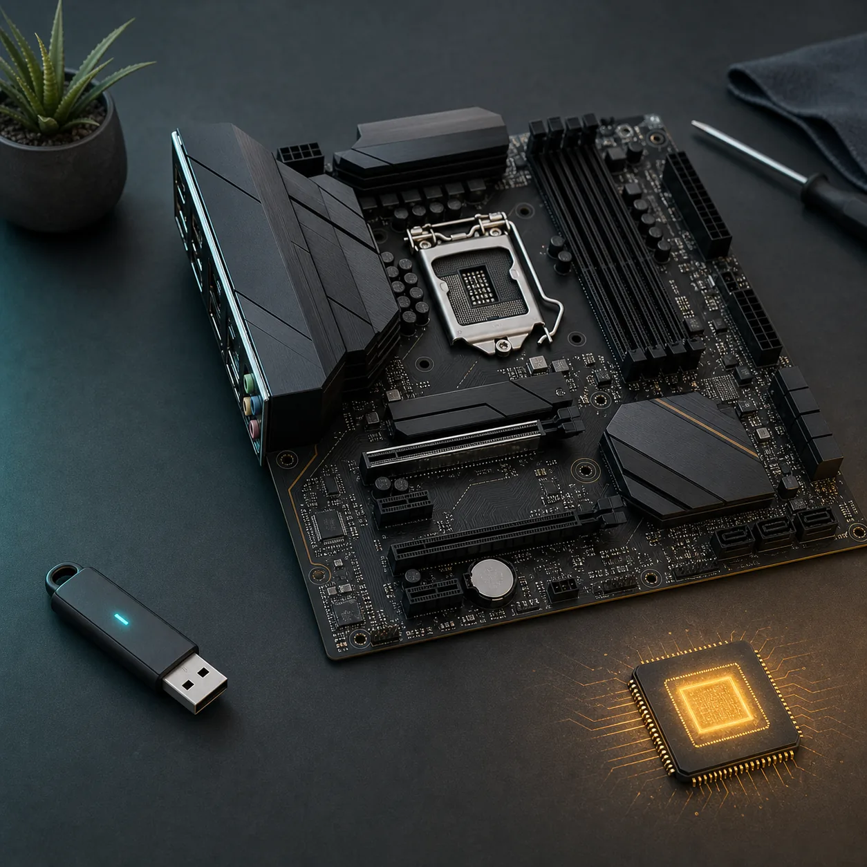 Editorial illustration of a motherboard, USB drive and firmware chip for a GIGABYTE BIOS update guide