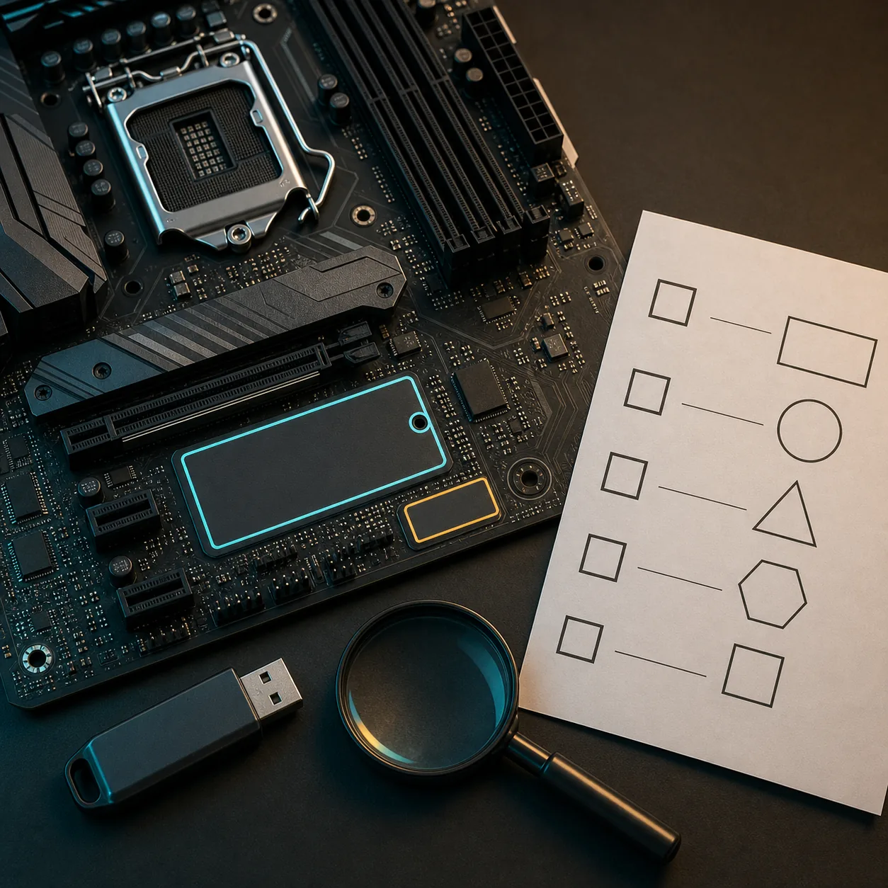 Editorial illustration of a motherboard, USB drive, magnifying glass and checklist for model revision matching