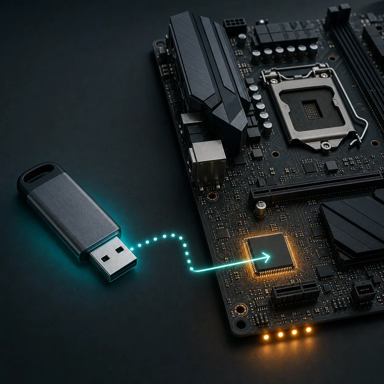 Editorial illustration of a USB drive and motherboard showing a conceptual Q-Flash firmware path
