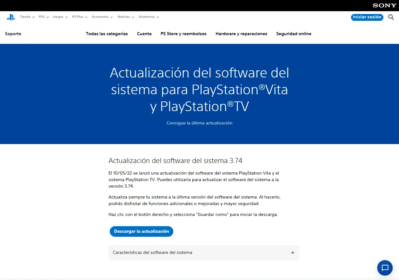 Official PlayStation support page showing PS Vita system software version 3.74