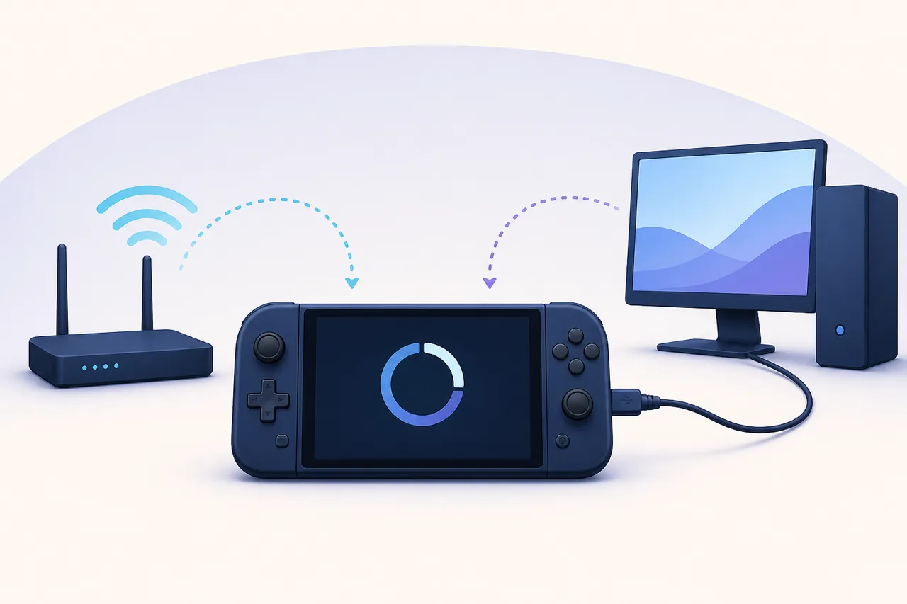 Editorial illustration of handheld firmware updates over Wi-Fi or a computer cable