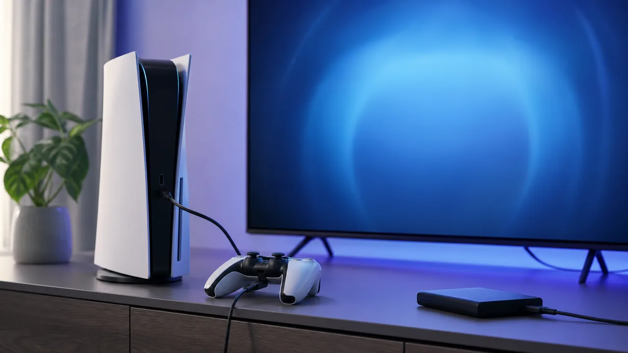 Concept illustration of a console, wired controller and recovery display for PS5 Safe Mode
