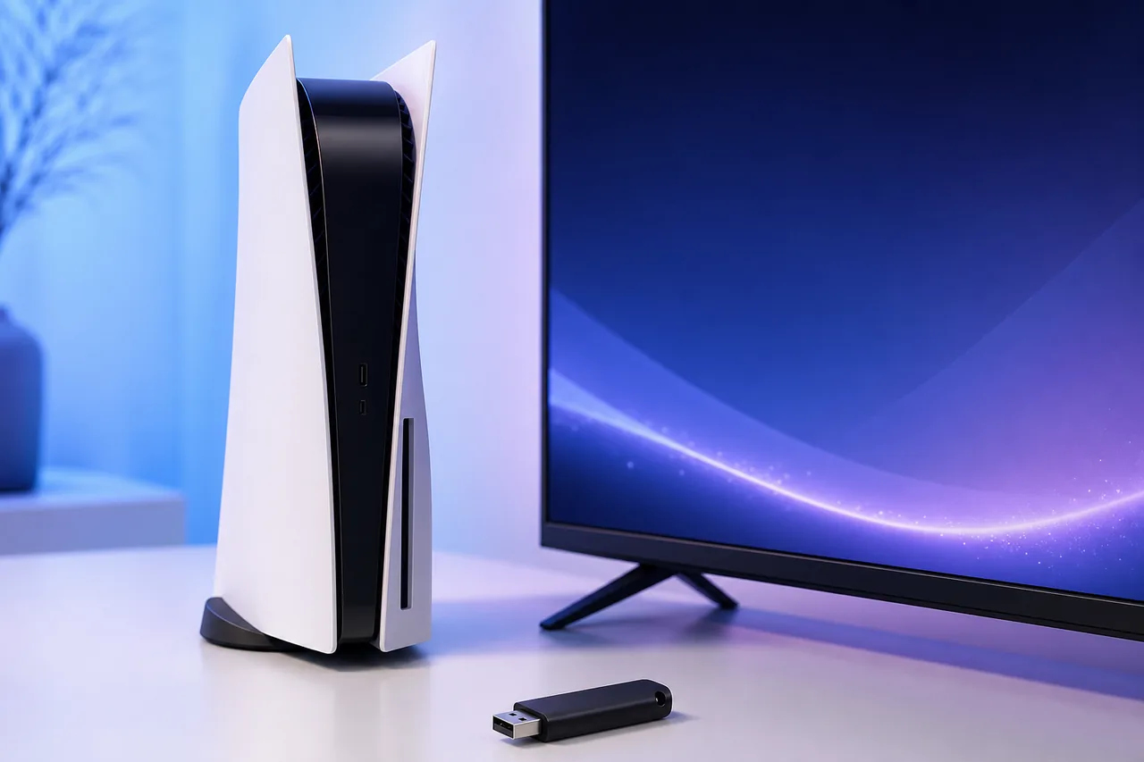 Concept illustration of a PS5-style console, display and USB drive prepared for a system software update