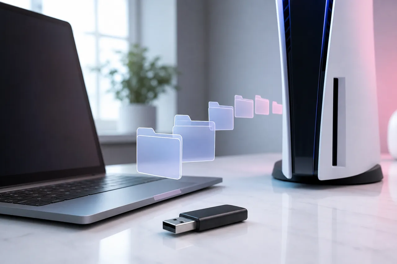 Concept illustration of a USB drive and folder transfer for a PS5 system software update