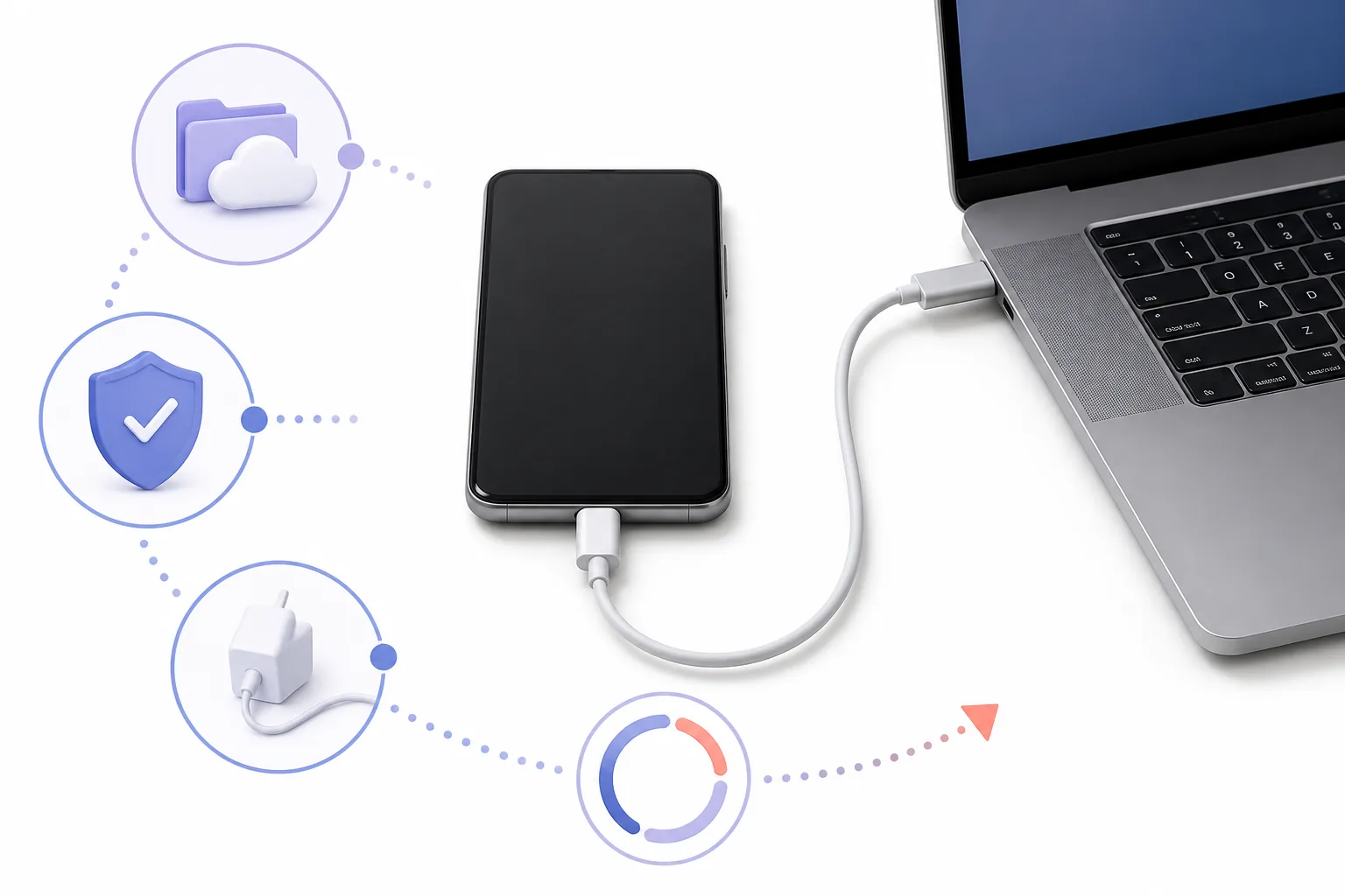 Editorial illustration of a safe phone firmware update with backup and stable power
