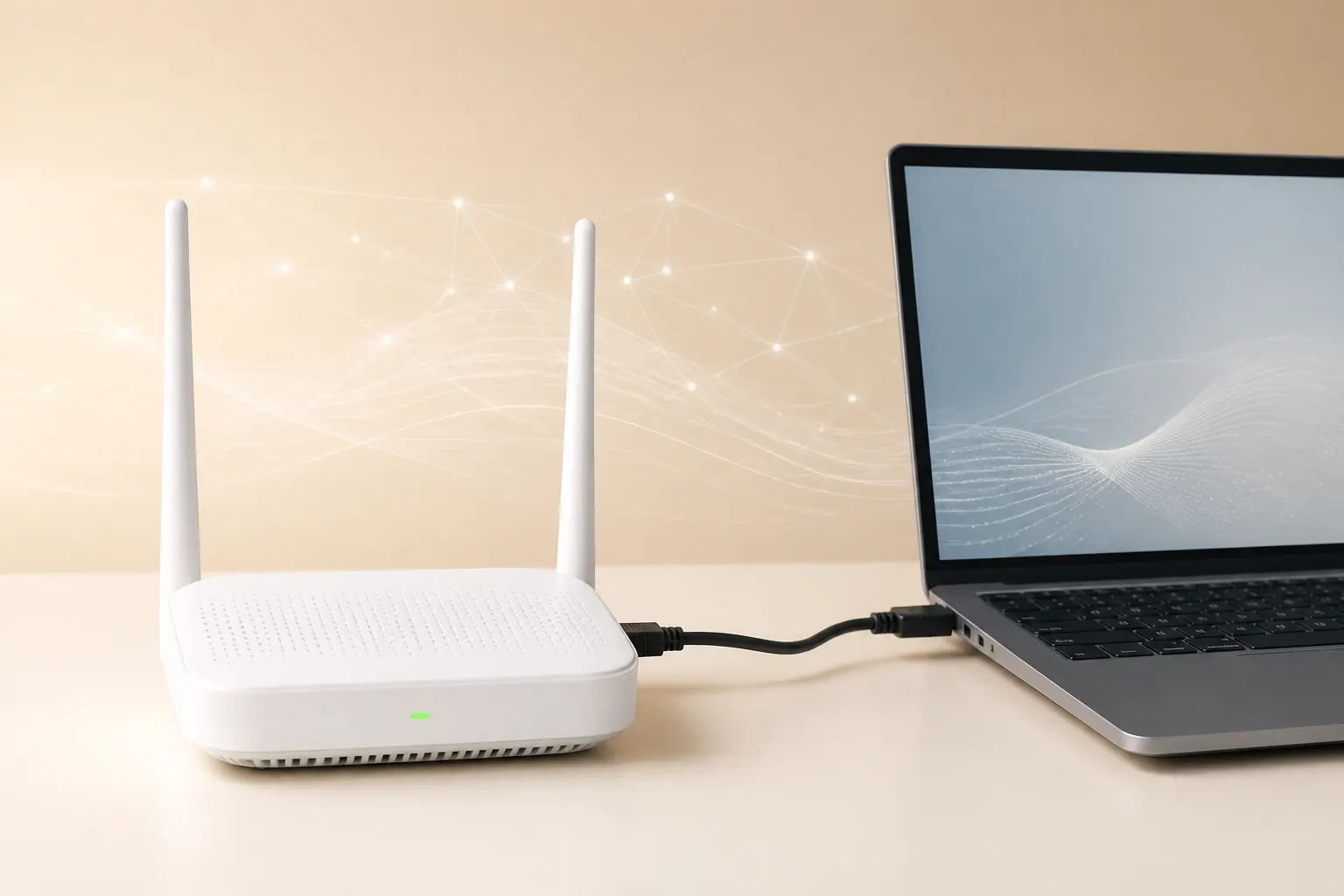 Conceptual illustration of a wired router firmware update with stable power